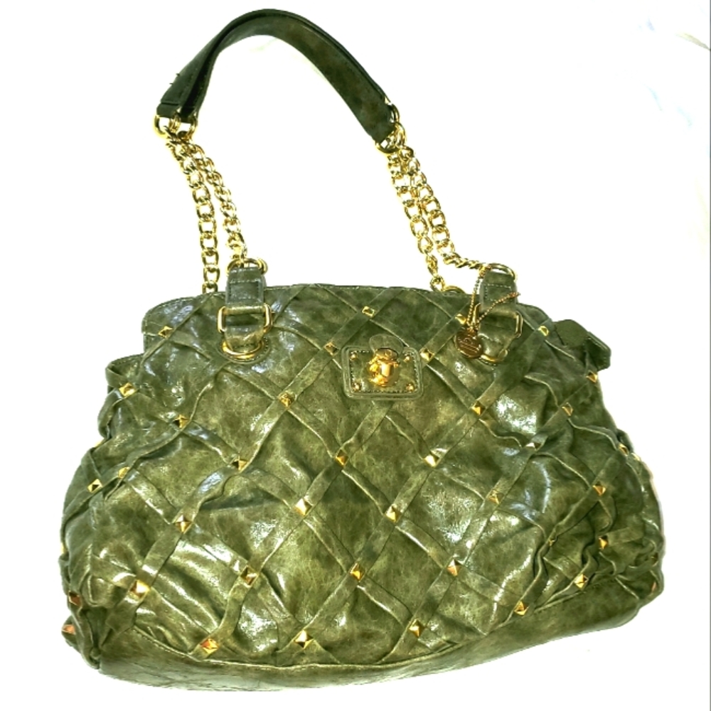 Olive Green & Gold Studded Crisscrossing X's Shoulder Bag by Big Budda